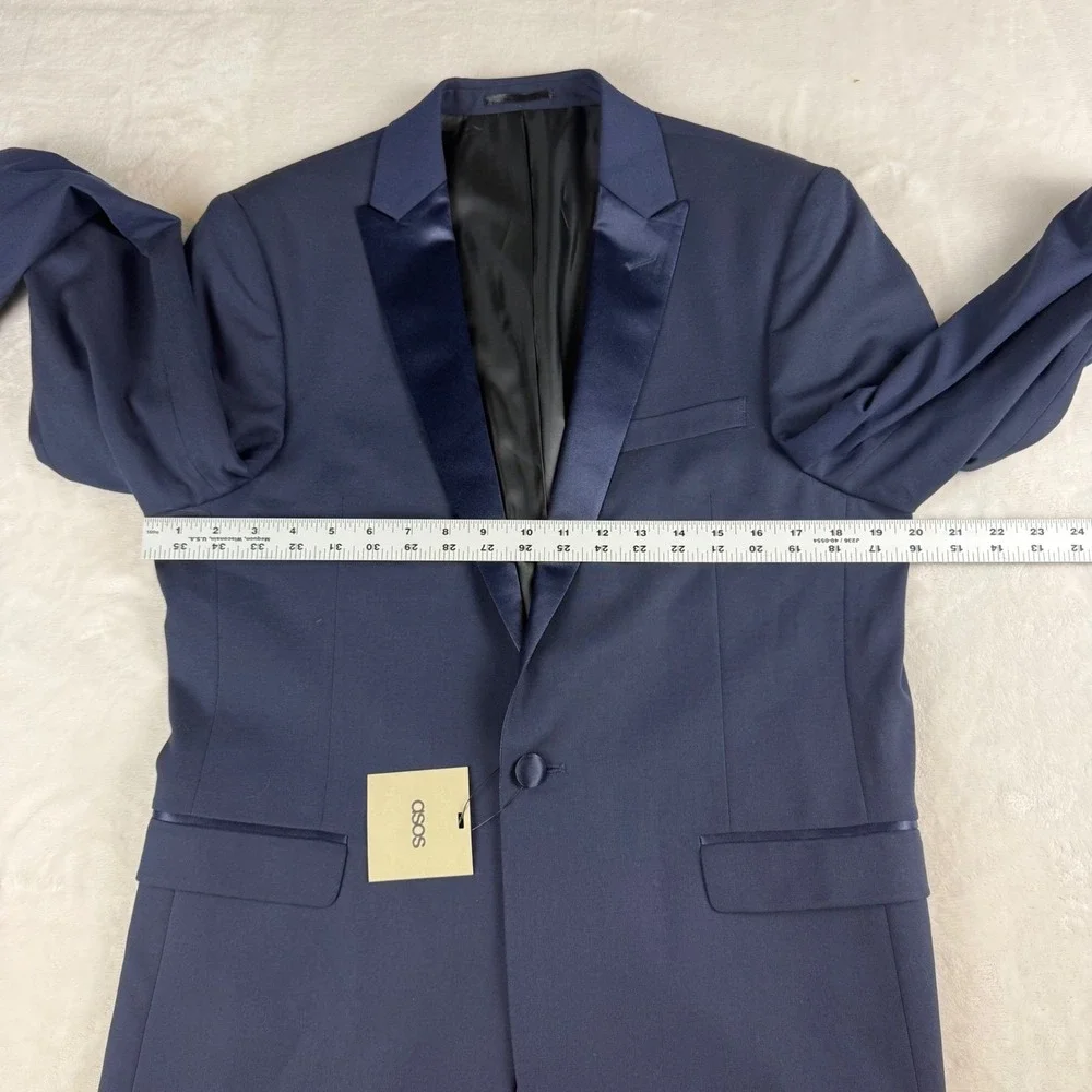 ASOS Tuxedo Blazer Mens 40 Navy Blue Satin Peak Lapel Formal Jacket Prom Wedding